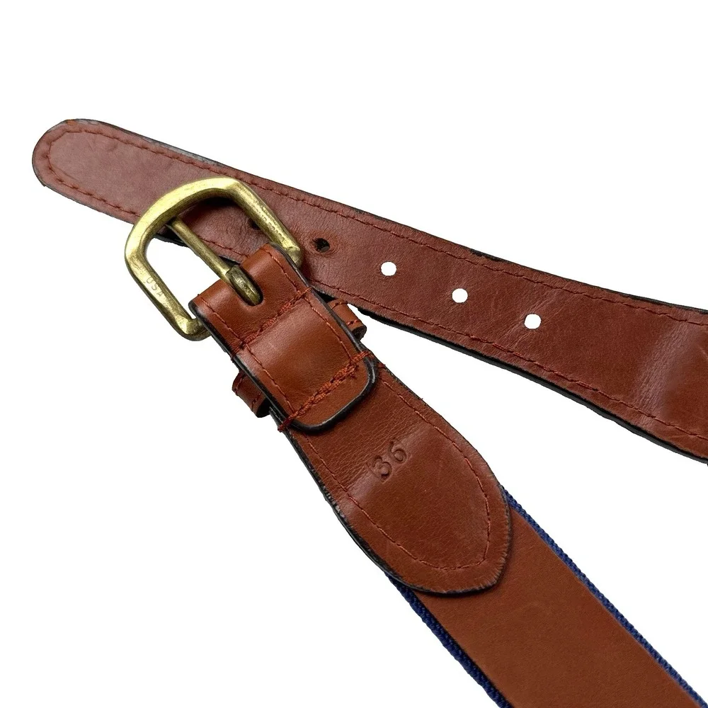 Smathers & Branson Brown Leather Belt Mens 36 Blue Wacky Pickleball Needlepoint